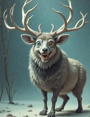 The primary subject of the image is a large, furry, and horned animal, possibly a goat or a deer, with a smiling expression. The animal is standing in front of a blue background, which adds a contrasting color to the scene. The visual style of the image is a combination of photo and digital art, creating a unique and eye-catching representation of the animal. The colors and mood of the image are predominantly blue and light-hearted, with the animal's smile conveying